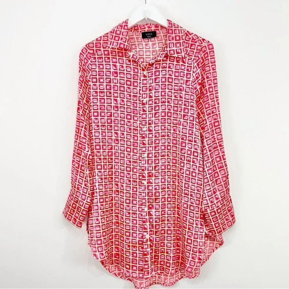 VICI Brenleigh Pink Red Geometric Print Poly Satin Button Down Tunic Mini Dress